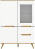 Highboard Hygge in wei und Nox Eiche Vitrine skandinavisch 100 x 140 cm, Soft-Close