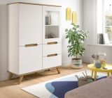 Highboard Hygge in wei und Nox Eiche Vitrine skandinavisch 100 x 140 cm, Soft-Close