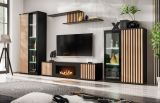 Vitrine Morgan in schwarz und Jackson Eiche Highboard mit 3D-Lamellen inkl. LED