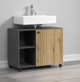 Waschbeckenunterschrank Bliss in Evoke Eiche und grau Badschrank auf Rollen 80 cm