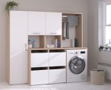 Waschmaschinenschrank Laundry in wei und Jackson Eiche Set 3-teilig 204 x 184 cm
