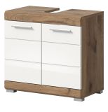 Waschbeckenunterschrank Willow in wei Hochglanz und Nox Eiche Badschrank 60 cm