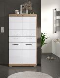 Badezimmer Midischrank Willow in wei Hochglanz und Nox Eiche Badschrank 74 x 141 cm