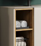 Waschbeckenunterschrank Sao Paulo in Sand und Evoke Eiche Badschrank auf Rollen 80 cm, Soft-Close
