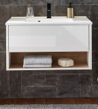 Waschbeckenunterschrank MIT Waschbecken Glide in wei Hochglanz und Eiche 80 cm