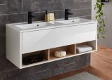 Waschbeckenunterschrank MIT Doppelwaschbecken Glide in wei Hochglanz und Eiche 120 cm