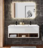 Waschbeckenunterschrank MIT Doppelwaschbecken Glide in wei Hochglanz und Eiche 120 cm