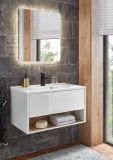Badmbel Set Glide in wei Hochglanz und Eiche mit Waschbecken und LED Beleuchtung 80 x 190 cm