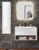 Badmbel Set Glide in wei Hochglanz und Eiche mit Waschbecken und LED Beleuchtung 120 x 190 cm
