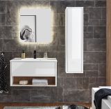 Badmbel Set Glide in wei Hochglanz und Eiche mit Waschbecken und LED Beleuchtung 120 x 190 cm