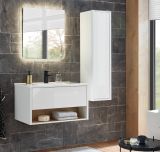 Badmbel Set Glide in wei Hochglanz und Eiche mit Waschbecken und LED Beleuchtung 120 x 190 cm