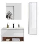 Badmbel Set Glide in wei Hochglanz und Eiche mit Waschbecken und LED Beleuchtung 120 x 190 cm