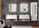 Badmbel Set Glide in wei Hochglanz und Eiche mit Waschbecken und LED Beleuchtung 225 x 190 cm