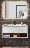 Badmbel Set Glide in wei Hochglanz und Eiche mit Waschbecken und LED Beleuchtung 100 x 190 cm