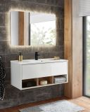 Badmbel Set Glide in wei Hochglanz und Eiche mit Waschbecken und LED Beleuchtung 100 x 190 cm