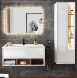 Badmbel Set Glide in wei Hochglanz und Eiche mit Waschbecken und LED Beleuchtung 155 x 190 cm