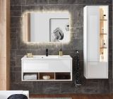 Badmbel Set Glide in wei Hochglanz und Eiche mit Waschbecken und LED Beleuchtung 155 x 190 cm