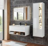 Badmbel Set Glide in wei Hochglanz und Eiche mit Waschbecken und LED Beleuchtung 155 x 190 cm