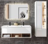 Badmbel Set Glide in wei Hochglanz und Eiche mit Doppelwaschbecken und LED Beleuchtung 175 x 190 cm