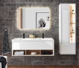 Badmbel Set Glide in wei Hochglanz und Eiche mit Doppelwaschbecken und LED Beleuchtung 175 x 190 cm