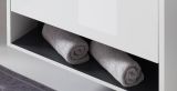 Badmbel Set Glide in wei Hochglanz und grau mit Waschbecken und LED Beleuchtung 225 x 190 cm