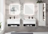 Badmbel Set Glide in wei Hochglanz und grau mit Waschbecken und LED Beleuchtung 225 x 190 cm