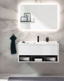 Badmbel Set Glide in wei Hochglanz und grau mit Waschbecken und LED Beleuchtung 100 x 190 cm
