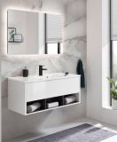 Badmbel Set Glide in wei Hochglanz und grau mit Waschbecken und LED Beleuchtung 100 x 190 cm