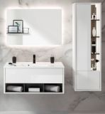 Badmbel Set Glide in wei Hochglanz und grau mit Waschbecken und LED Beleuchtung 155 x 190 cm