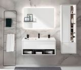 Badmbel Set Glide in wei Hochglanz und grau mit Waschbecken und LED Beleuchtung 155 x 190 cm