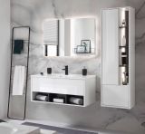 Badmbel Set Glide in wei Hochglanz und grau mit Waschbecken und LED Beleuchtung 155 x 190 cm