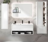 Badmbel Set Glide in wei Hochglanz und grau mit Waschbecken und LED Beleuchtung 195 x 190 cm