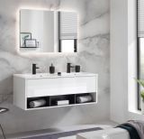 Badmbel Set Glide in wei Hochglanz und grau mit Doppelwaschbecken und LED Beleuchtung 120 x 190 cm