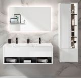 Badmbel Set Glide in wei Hochglanz und grau mit Doppelwaschbecken und LED Beleuchtung 175 x 190 cm