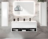 Badmbel Set Glide in wei Hochglanz und grau mit Doppelwaschbecken und LED Beleuchtung 200 x 190 cm