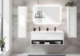 Badmbel Set Glide in wei Hochglanz und grau mit Doppelwaschbecken und LED Beleuchtung 200 x 190 cm