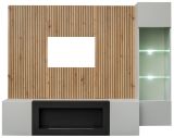 Wohnwand iLike in hellgrau, schwarz und Artisan Eiche TV Unterteil mit Bio Ethanol Kamin 200 cm inklusive LED