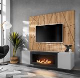 TV-Lowboard Set iLike hellgrau, schwarz und Artisan Eiche TV Unterteil mit Bio Ethanol Kamin und Akustikpaneel 160 cm