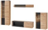 Wohnwand Heron in Ribbeck Eiche und schwarz Schrankwand 4-teilig mit Ethanol Kamin 350 cm