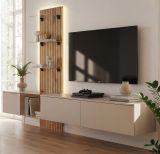 Wohnwand Sweet in Lehm-Grau und Evoke Eiche Schrankwand h�ngend mit LED 220 cm, Push-to-Open