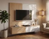 TV-Lowboard Set Arion in Cremona Eiche und Marmor wei� 160 cm, Flat-TV Unterschrank mit Wandpaneel h�ngend