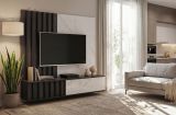 TV-Lowboard Set Brion in Graphit Eiche und Marmor wei� 160 cm, Flat-TV Unterschrank mit Wandpaneel h�ngend
