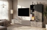 Wohnwand Cosy in Marmor schwarz und Lehm-Grau Schrankwand mit Ethanol Kamin 270 cm, Push-to-Open