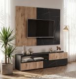 TV-Lowboard Set Starlet in schwarz, Vicking Eiche und Marmor schwarz 160 cm, Flat-TV Unterschrank mit Wandpaneel, Push-To-Open