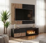 TV-Lowboard Set Starlet in schwarz, Vicking Eiche und Marmor schwarz 160 cm, Flat-TV Unterschrank mit Ethanol Kamin