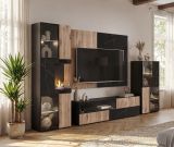 Wohnwand Starlet in schwarz, Vicking Eiche und Marmor schwarz, Schrankwand mit Ethanol Kamin und LED, 300 cm