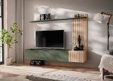 Wohnwand Madina in gr�n matt und Hickory Eiche Schrankwand h�ngend 180 cm, Push-to-Open