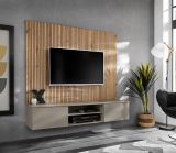 TV-Lowboard Set iLike in Lehm-Grau und Artisan Eiche 160 cm, Flat-TV Unterschrank mit Akustikpaneel