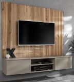 TV-Lowboard Set iLike in Lehm-Grau und Artisan Eiche 160 cm, Flat-TV Unterschrank mit Akustikpaneel
