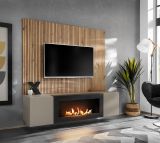 TV-Lowboard Set iLike in Lehm-Grau mit schwarz und Eiche Artisan, Set mit Akustikpaneel und Ethanol Kamin